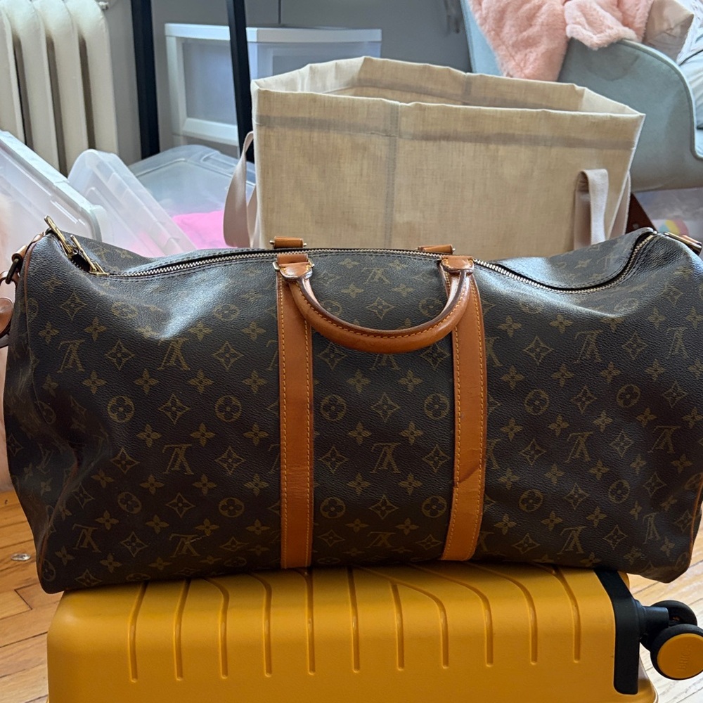 Louis Vuitton Brown Monogram Canvas Duffel with Tan Leather Trim